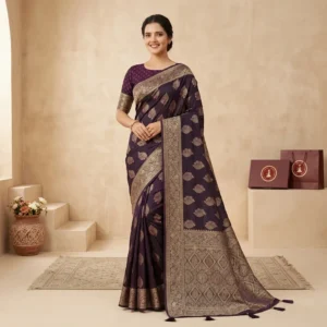 Rajrani Plum Satin Silk Saree with Antique Gold Woven Border
