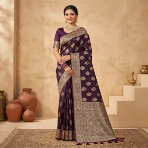 Rajrani Plum Satin Silk Saree with Antique Gold Woven Border